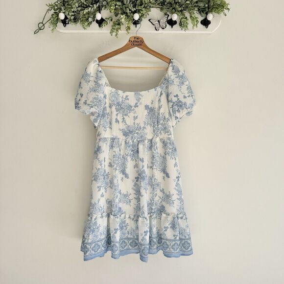 Blu Pepper Dresses & Skirts - Blu Pepper Marie Blue Flor Dress Puff Sleeve Square Neck Romantic Whimsical